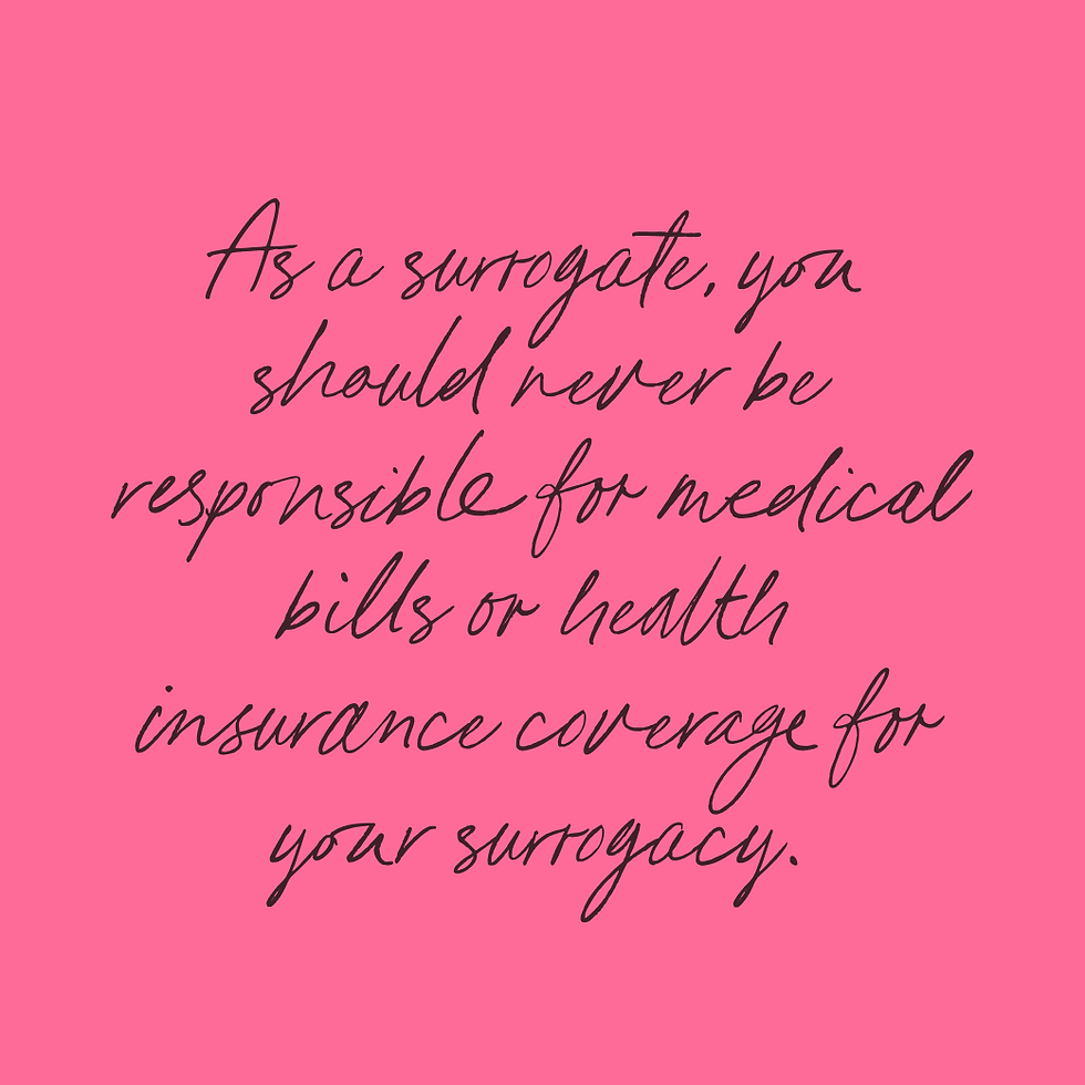 Sticky note that says, "As a surrogate, you should never be responsible for medical bills or health insurance coverage for your surrogacy."