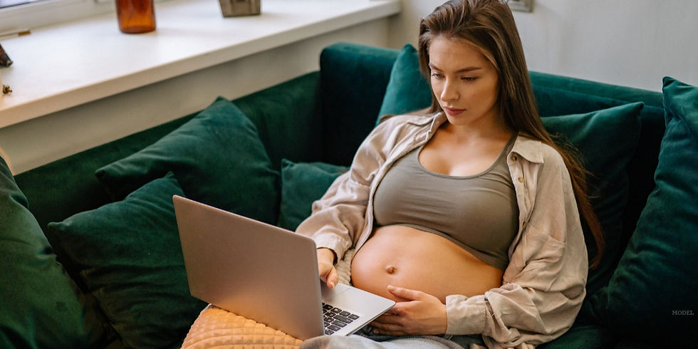 Pregnant woman sitting on a couch with a laptop (model)