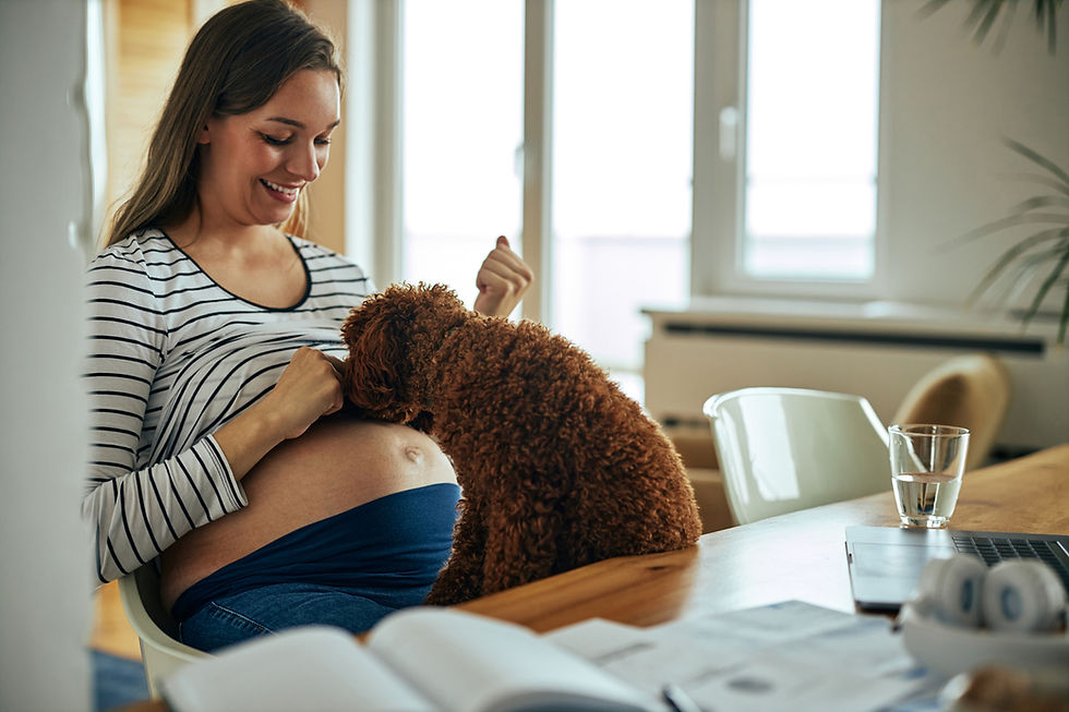 A woman lifts her shirt over her belly. A dog is cuddled next to her.